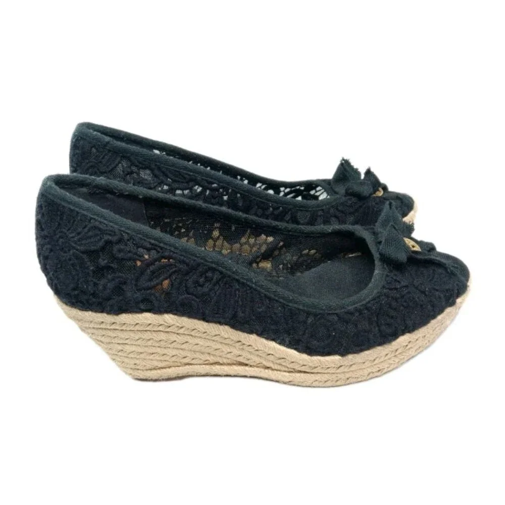 Tory Burch Jackie Wedge Espadrille Shoes Women’s Size 8.5 Black Crochet  Lace